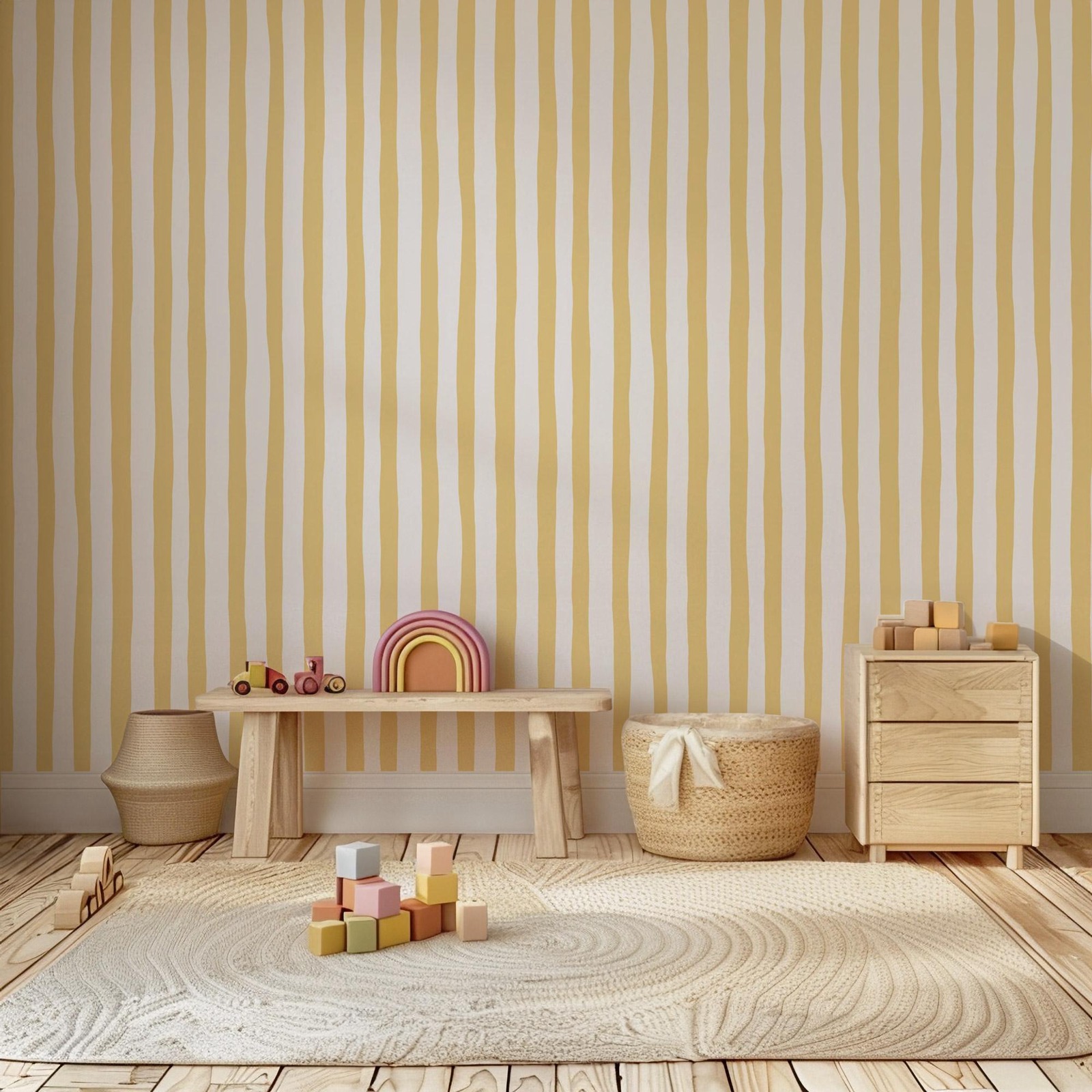 Sunshine Yellow Wobbly Stripes - Baby Nursery Yellow Walls 评论和价格